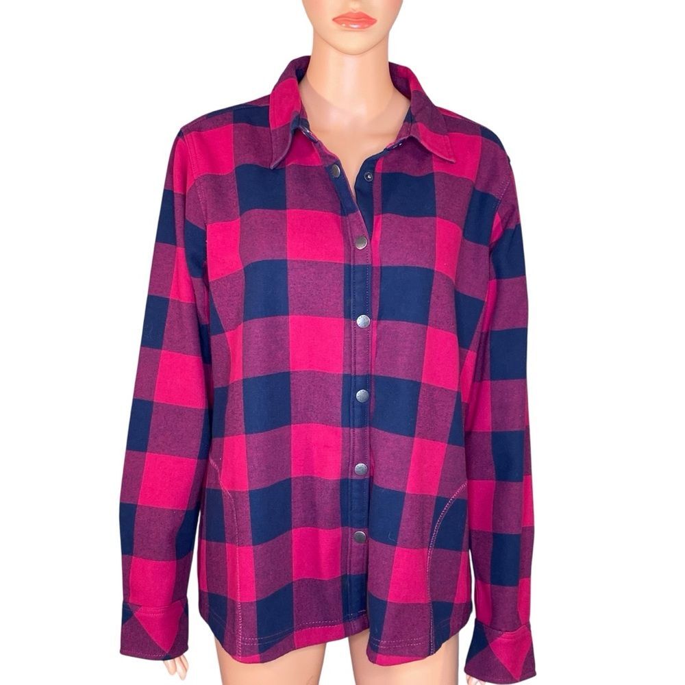 ORVIS Buffalo Plaid Flannel Jacket Snap Closure Womens Size Large Fleece Lined